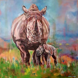 Painting of a Rhino and her baby in the African veld