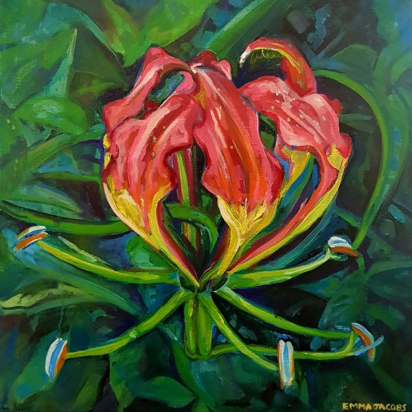 Painting of FLame Lili on green foliage