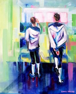 Figurative painting of two young male dancer checking their dance schedule s