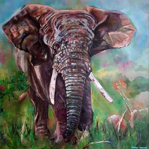 Painting of a big male elephant with impressive tusks in the African Bush