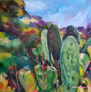Landscape painting of ducculent prickly pear plants in shrubby terrain