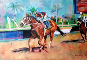 Horses racing with colourful jockeys to the finish with swayign palm trees in the background