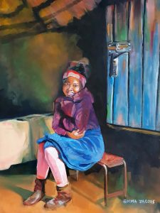 Painting of a young Lesotho girl enjoying the su coming into the rondawel. She has a blanket wrapped around her