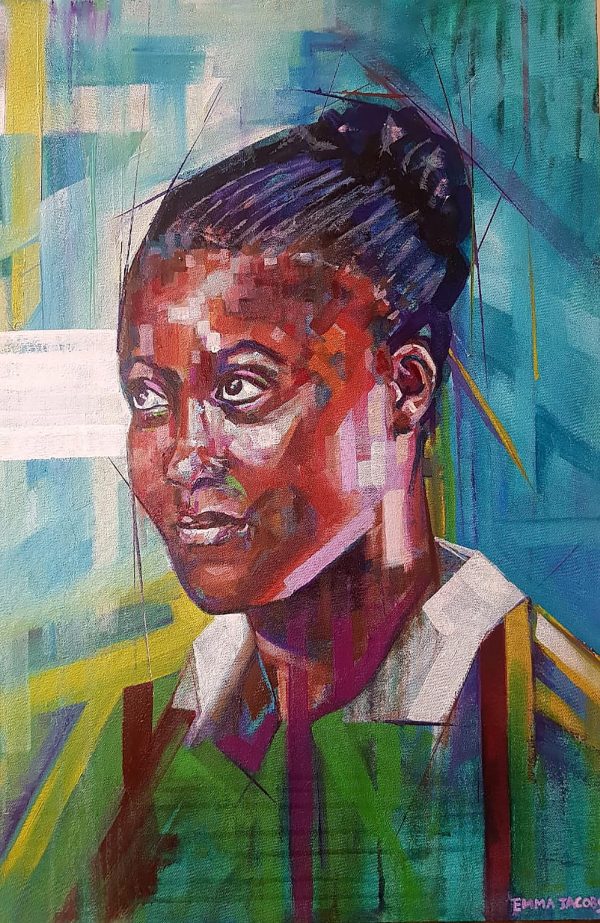 Painting of a young African girl with braided hair in a bun