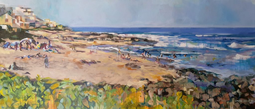 Painting of Ballito beach and apartments in the background with beachgoers and vendors