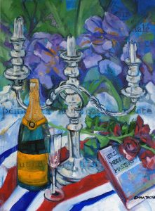 A painting of all things Frech - champagne, purple irises, French Champagne, Great masters, and romance