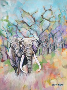 Painting of an elephant wih very long tusks in the African bush