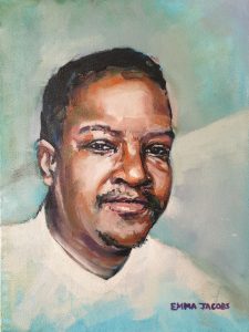 Portrait painting of a young African man wearing a whte T shirt