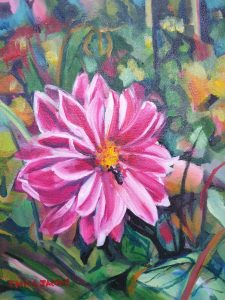 Painting of a Single pink Dahlia with an insect