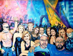 Commissioned painting of 12 friends at a Rave scene