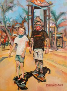 A painting of a father and son skate boarding outside U Shaka on the Durban Beach Front on a summer's day