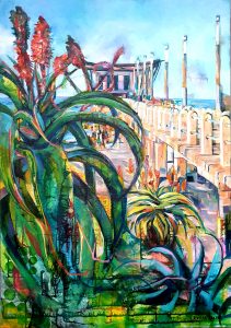 A painting of a winter aloe on th eDurban bach front and the Moyo Promenade by Emma Jacobs