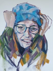 Portrait of Artist's daughter with long red hair wearing a cardigan, beanie and glasses