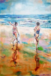 A painting capturing two young girls dancing on the beack at the water's edge