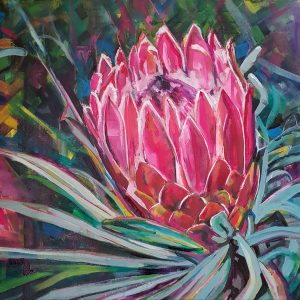 Painting of a protea with swirling leaves