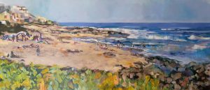 Ballito beach painting with beach goers and traders with green foliage foreground