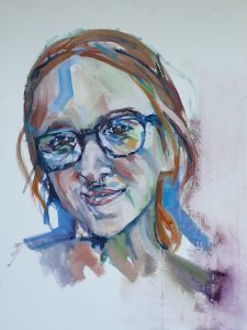 Sketch portrait of a young lady with red hair and glasses