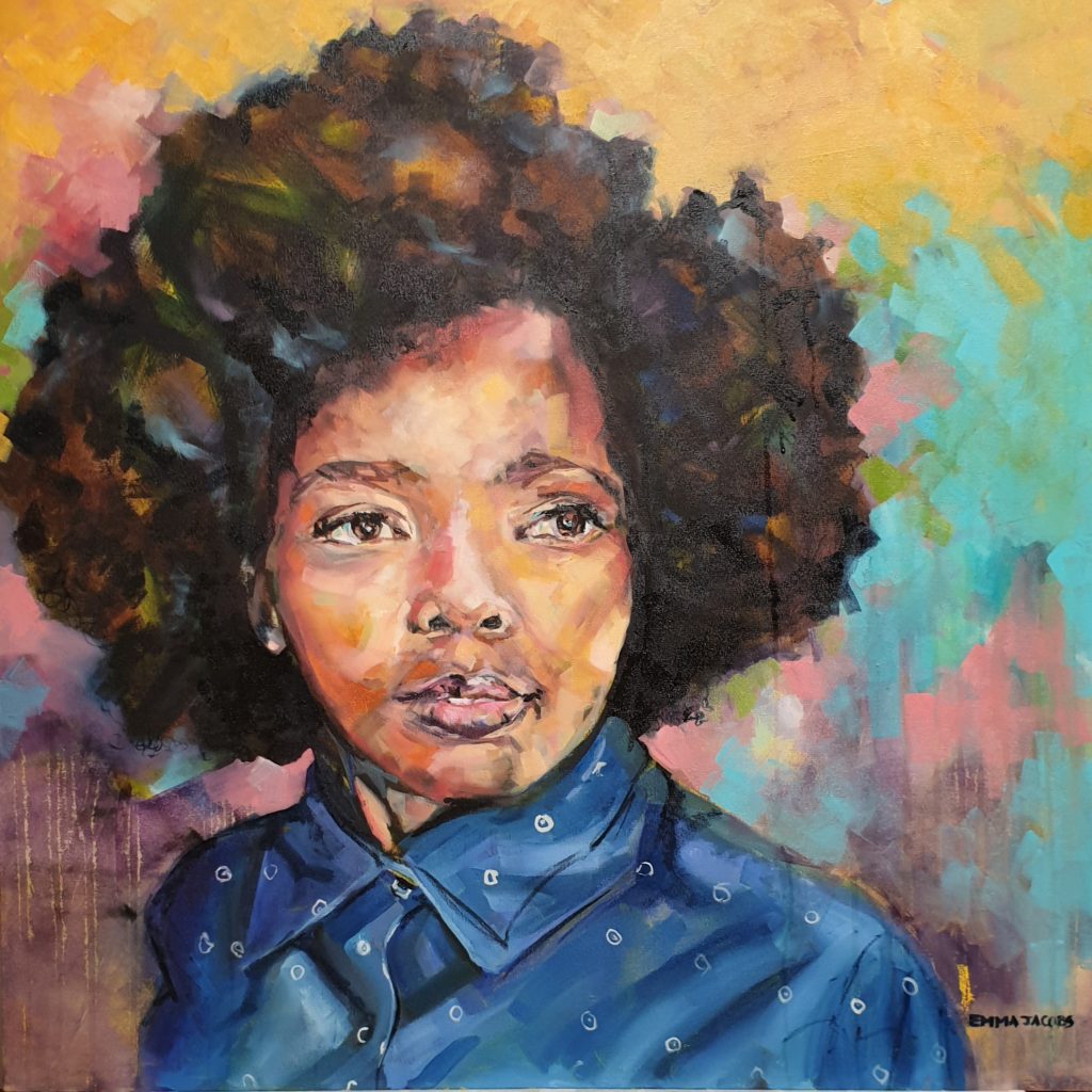 A portrait of a beautiful young girl with an Afro hairdo against a vibrant backdrop