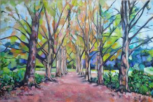 Painting of the 150 year Pitermaritzburg tree-lined lane with bench