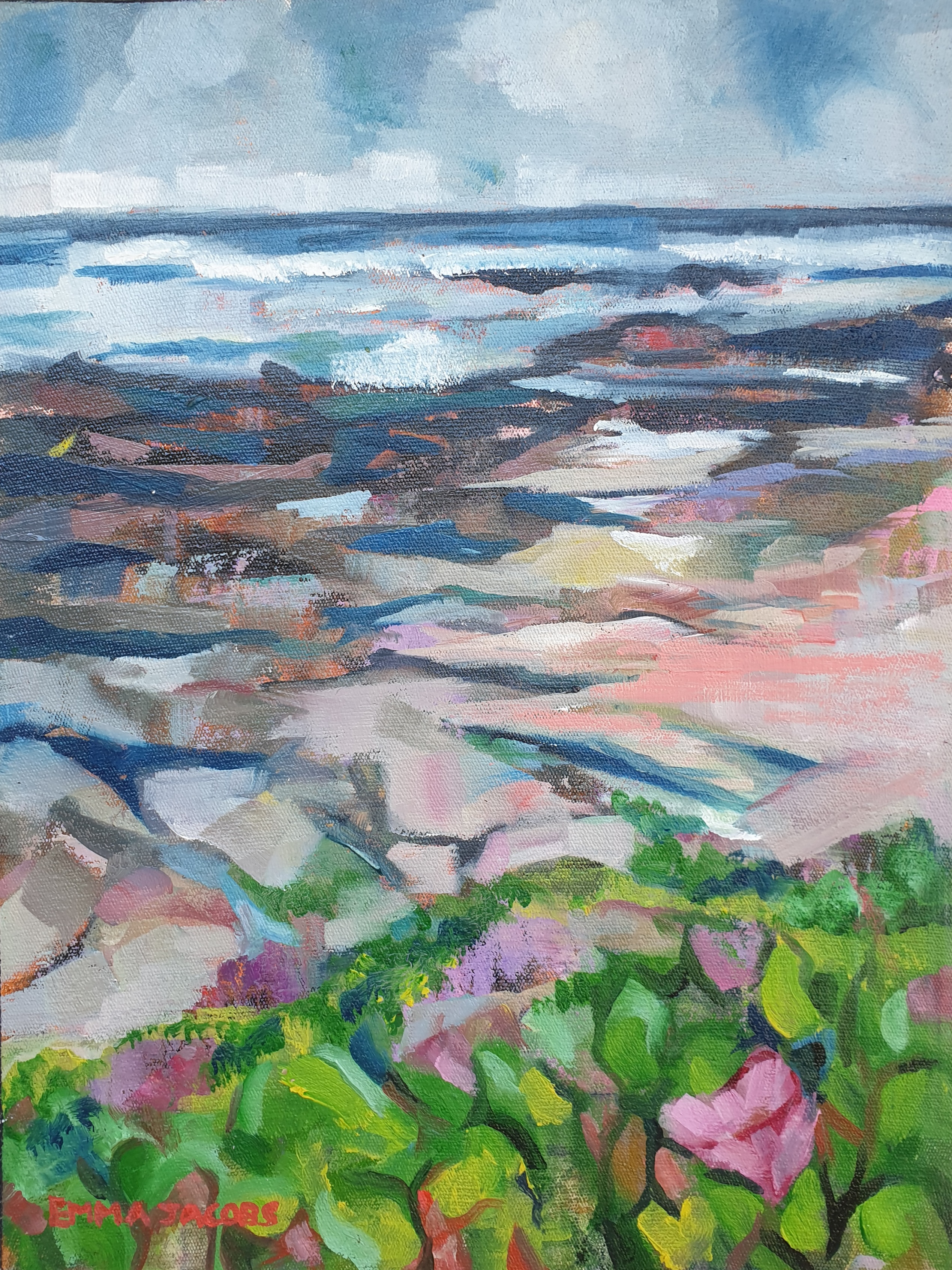 Contemporary oil ainting of Ballito beach with beach sand, foliage with pink flowers and rock outcrops