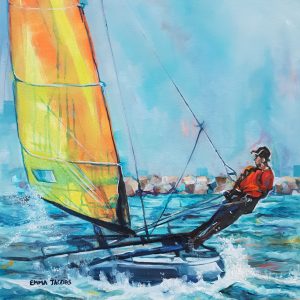 Painitng of a boy n a ctamaran with a yello sail an drocks in background