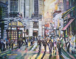 A painting of a busy night in Regent street London