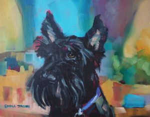 Pet portrait of Maggie our Scottish Terrier with vibrant bachround with chess board