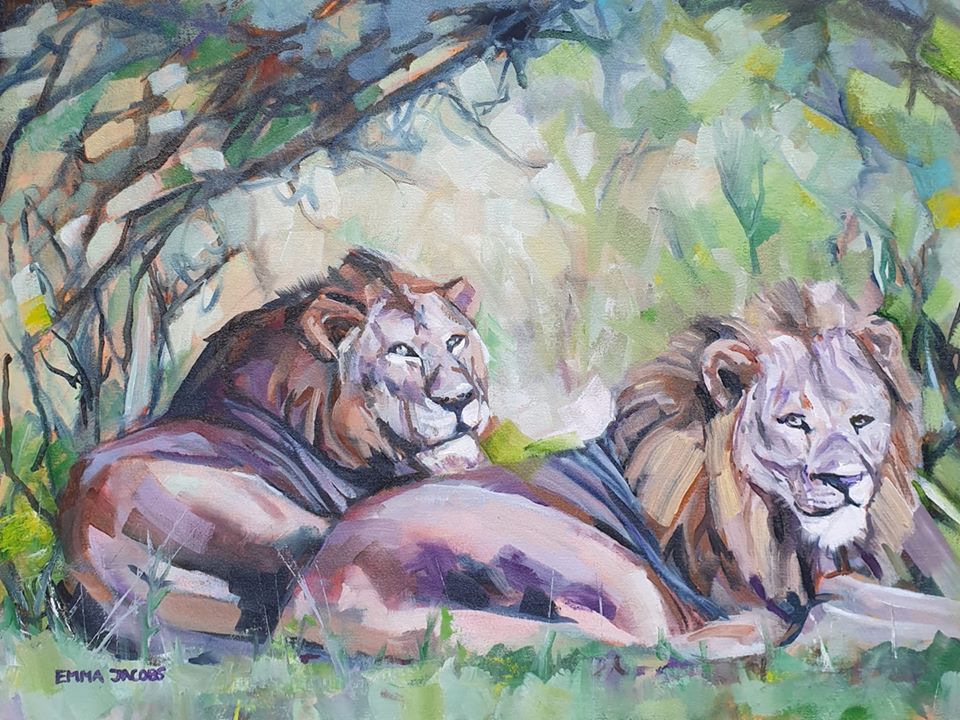 Painting of two male lions in the African bush