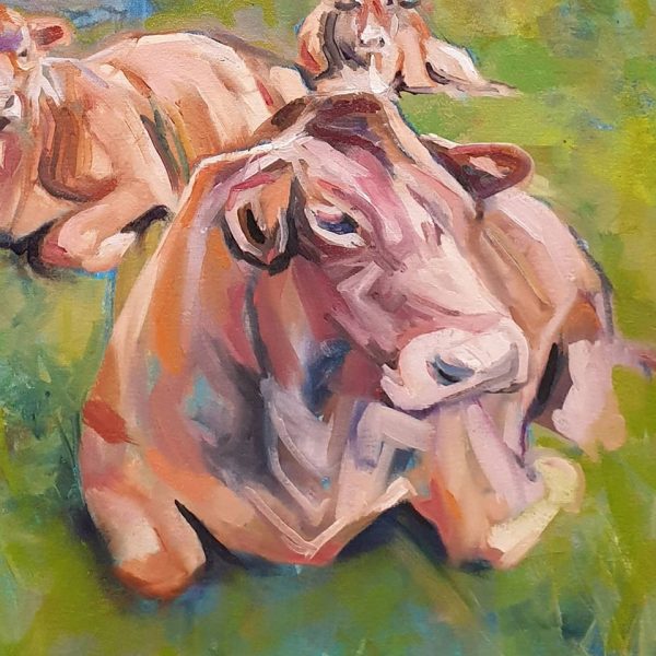 Close up of painting of sitting cows