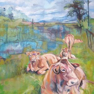 Painting of cows sitting in a field in the Central Drakensberg