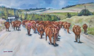 Painting of a herd of cows coming down the dirt road with the Midland in the background