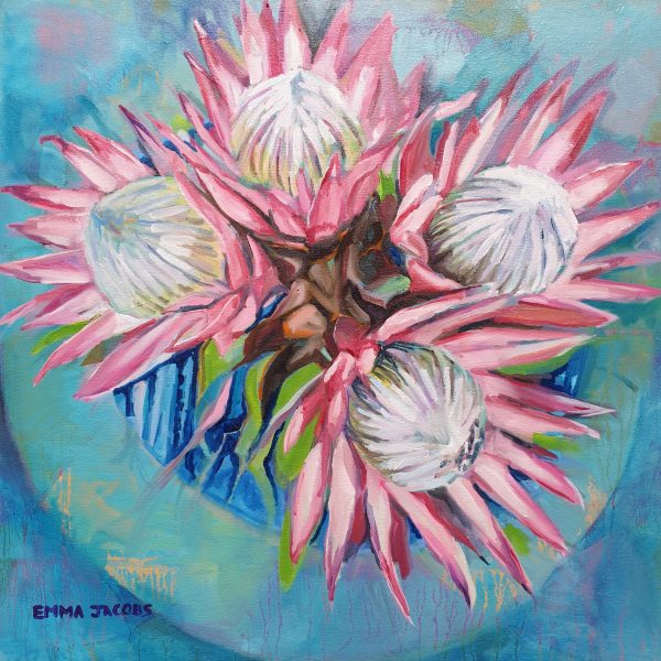 Colourful painting of Protea cynaroides also called the king protea on an artistic turqouise platter