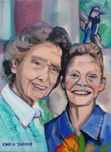 Oil painting of Great Gran holding roses with her young grandson with painting of kingfisher in background