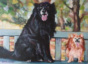 Painting of two old dogs on a bench in a park